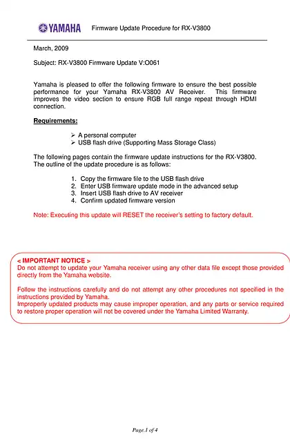 yamaha雅马哈RX-V3800 Firmware Update V_O061_Installation_Manual